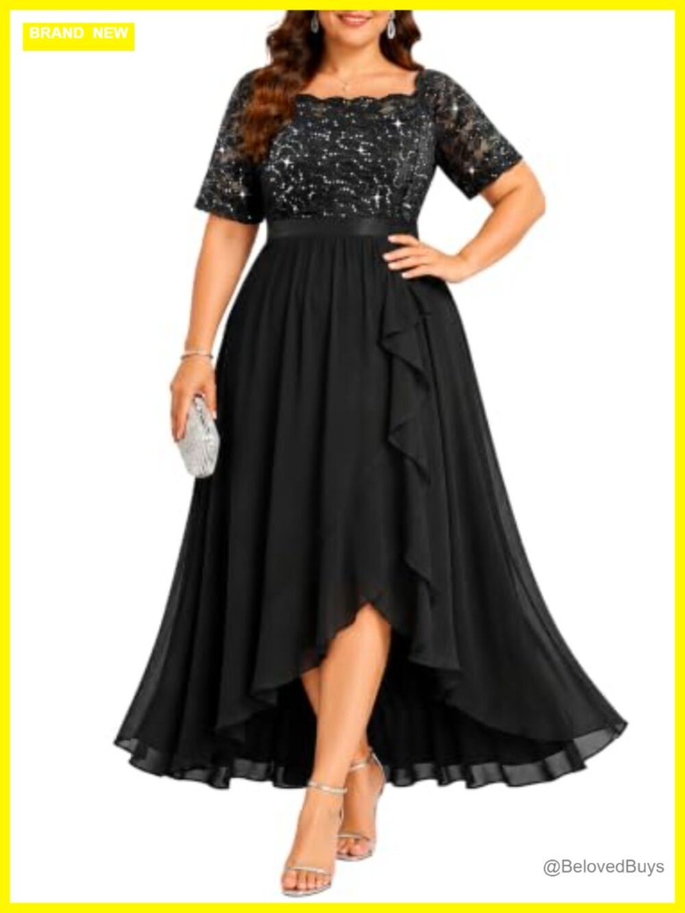 Formal Evening Wedding Guest Cocktail Dress Sequin Lace Chiffon High-Low Plus